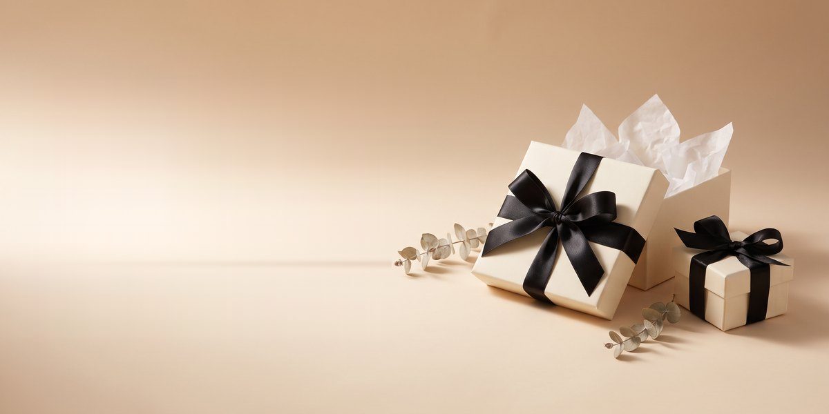 Crèmekleurige cadeaudozen met zwarte linten